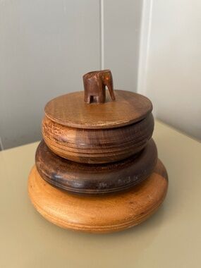 Stackable Wooden Trinket Bowls with carved elephant on lid